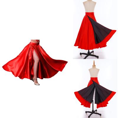 Gonna Rossa di Raso per Bambini Flamenco Orlo Ampio Spacco Laterale Vita con Gancio e Anello per Danza da Sala Costumi di Scena