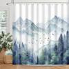 Mountain Shower Curtain Watercolor Misty Forest Foggy Nature Pine Tree Birds Landscape Bathroom Home Decor Waterproof Polyester