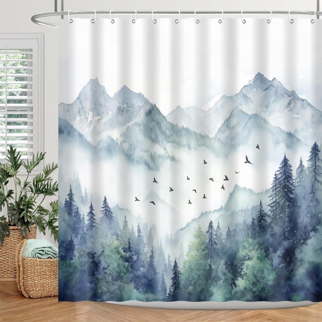 Mountain Shower Curtain Watercolor Misty Forest Foggy Nature Pine Tree Birds Landscape Bathroom Home Decor Waterproof Polyester