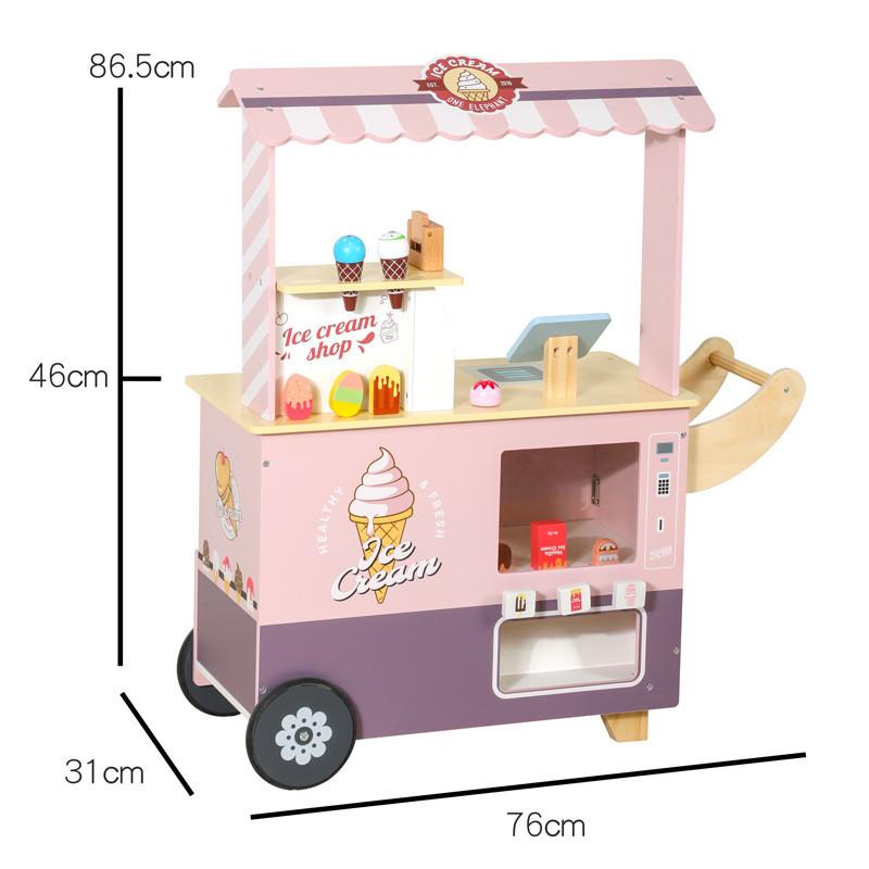 Cream Wooden Ice Cart Toy Playset With Cash Register For Kids Creative Play