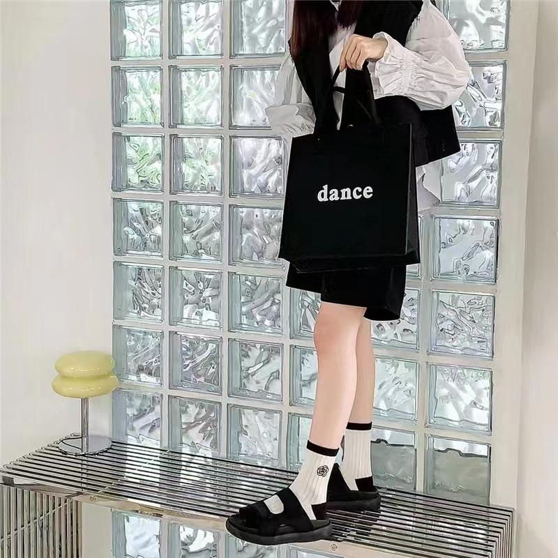 Thin Trendy Camellia Rose Embroidery Sweet And Comfortable Black And White Vertical Strip Pure Cotton Mid-Leg Socks