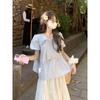 New White Bow Lace Puff Sleeve Shirt for Women Summer Design Pleated Strappy Shirt Women's Top Summer