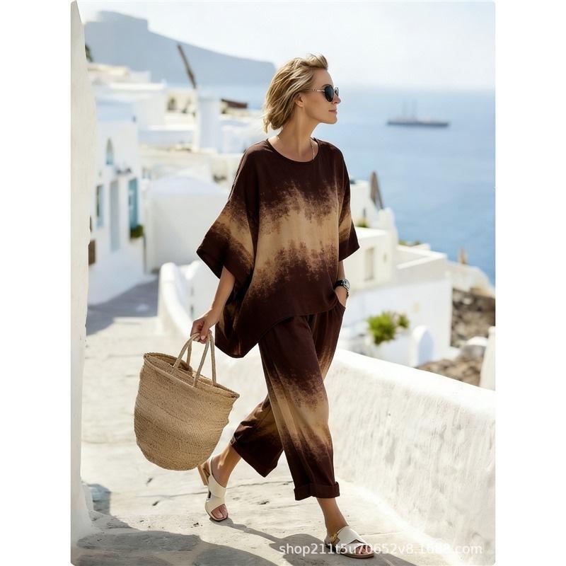 Y1 Women's Clothing, Bohemian Printed Crew Neck Medium Sleeve Set 1116 Summer Comfortable Casual Two-piece Set Europe and America