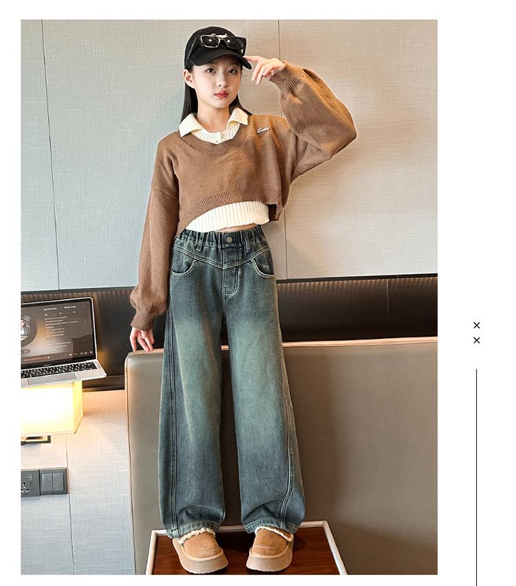 Girls' 2025 Korean Style Fleece-Lined Loose Wide-Leg Winter Jeans for Middle and Big Children