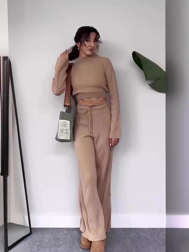 2024 Autumn Knitted Solid Crop Top & High-Waisted Wide-Leg Pants Set