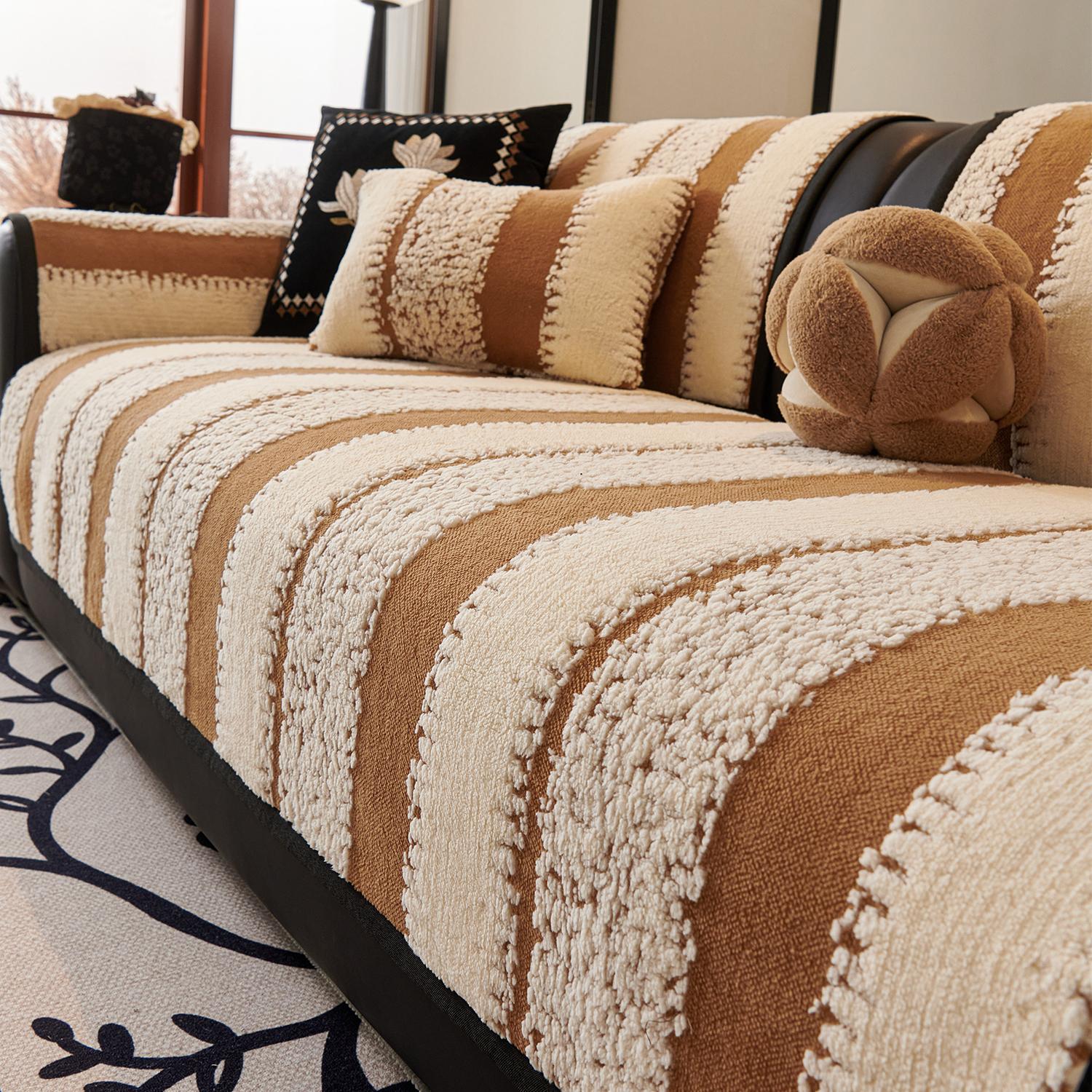 

1pc multicolor striped thick plush sofa cushion, non-slip, pet-friendly, modern minimalist home decoration and protection. 90x160cm хаки
