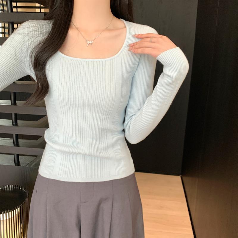 High-end square-neck knitted bottoming shirt women's spring and autumn inner sweater slim-fitting and thin casual long-sleeved top