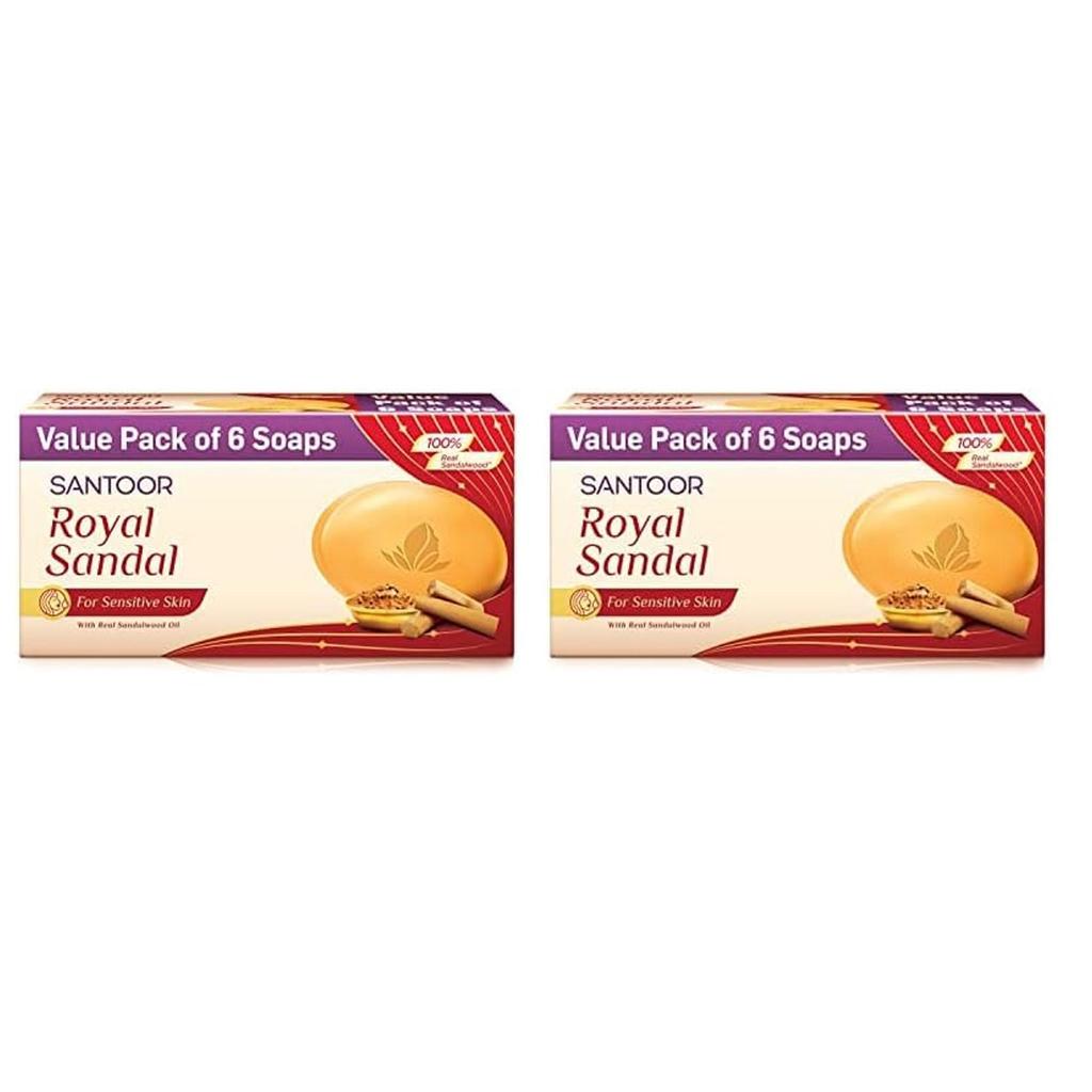 Santoor Royal Sandal Bathing Soap for Sensitive Skin Creamy Moisturizers Real Sandalwood Oil Long Lasting Fragrance Pack of 2 (125g X 6N)