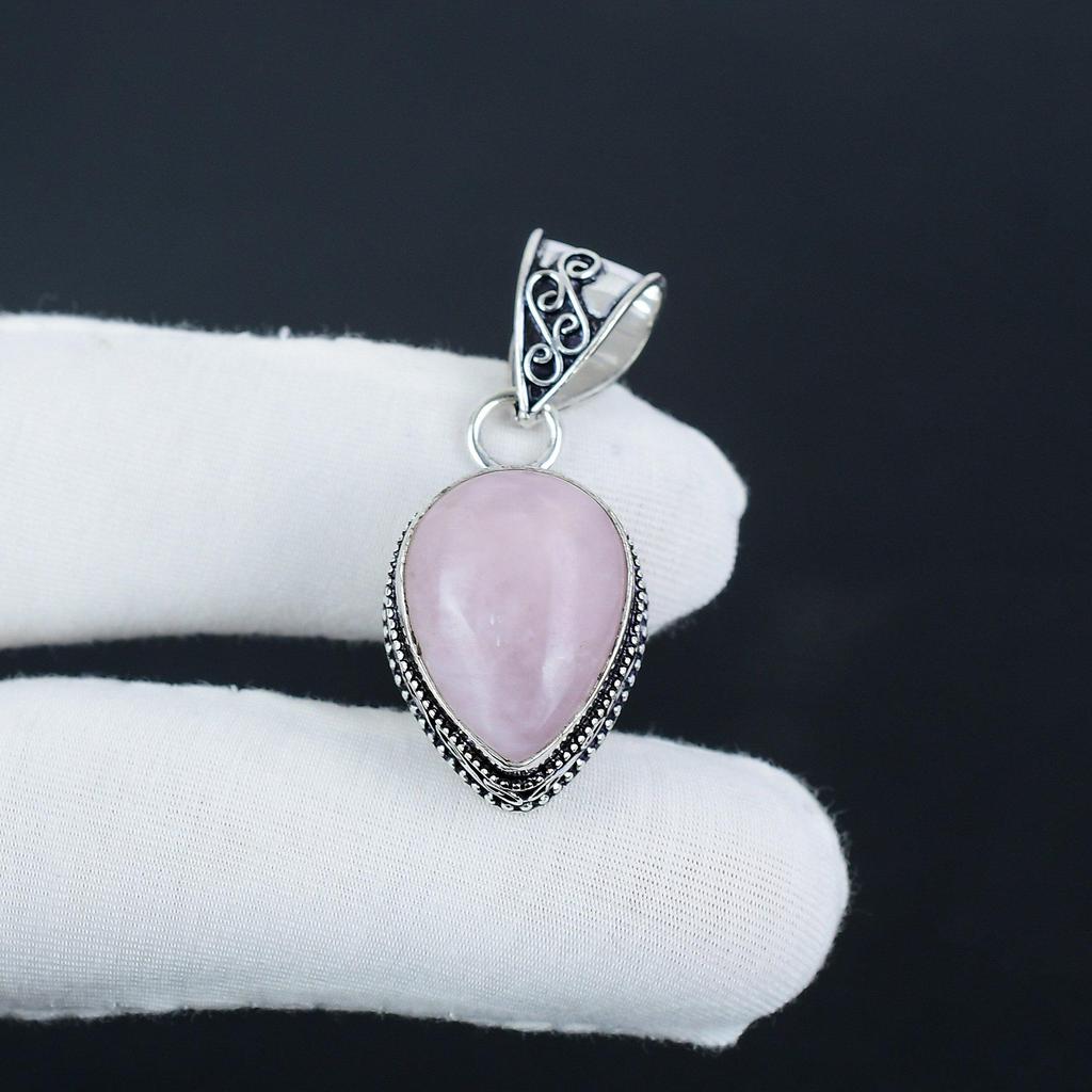 Natural Rose Quartz Gemstone Silver Pendant in 925 Sterling Silver - Handmade Pear Design, Everyday Wear Jewelry Party Wear Gift