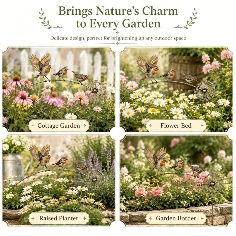 Three Bird Garden Stake Metal Yard Piece with Curved Branch Detail and 24 Inch Soil Insert for Pot Groupings, Lawn Lines and Garden Rows