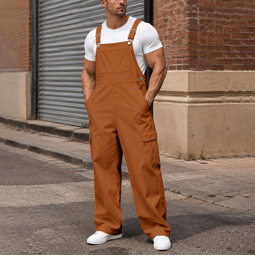 Men's Loose Fit Cargo Overalls Wide Leg Jumpsuit with Multi-Pocket Utility Storage