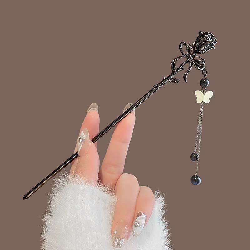 Vintage Schwarze Rose Quaste Haarstab Für Frauen Mädchen Mode Klassisch Metall Blume Hanfu Haarnadel Schmuck Haarschmuck