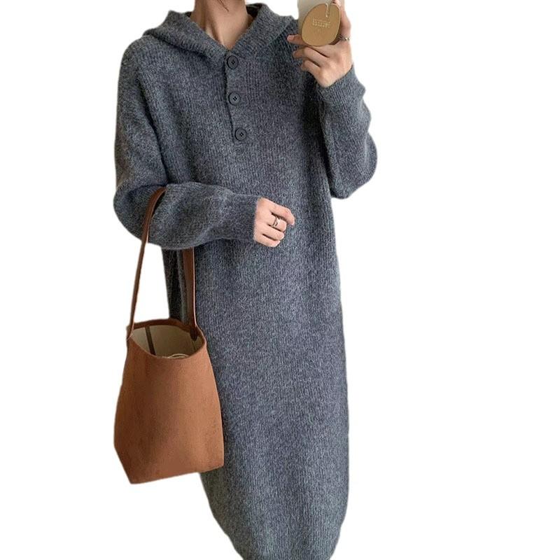 Hooded Single-breasted Pullover Sweater Skirt Women's Autumn and Winter New Lazy Loose Large-size Knitted Dress