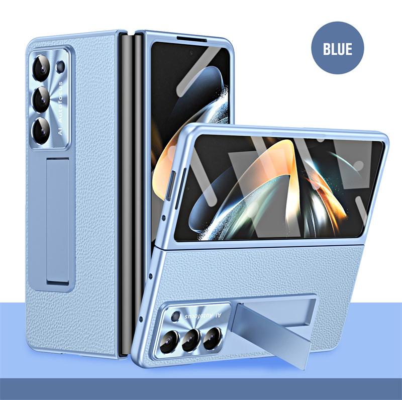 Luxury Plating Leather Lens Protection Kickstand Full Protect Case for Samsung Galaxy Z Fold 8 Ultra 6 5 4 3 With Tempered Glass