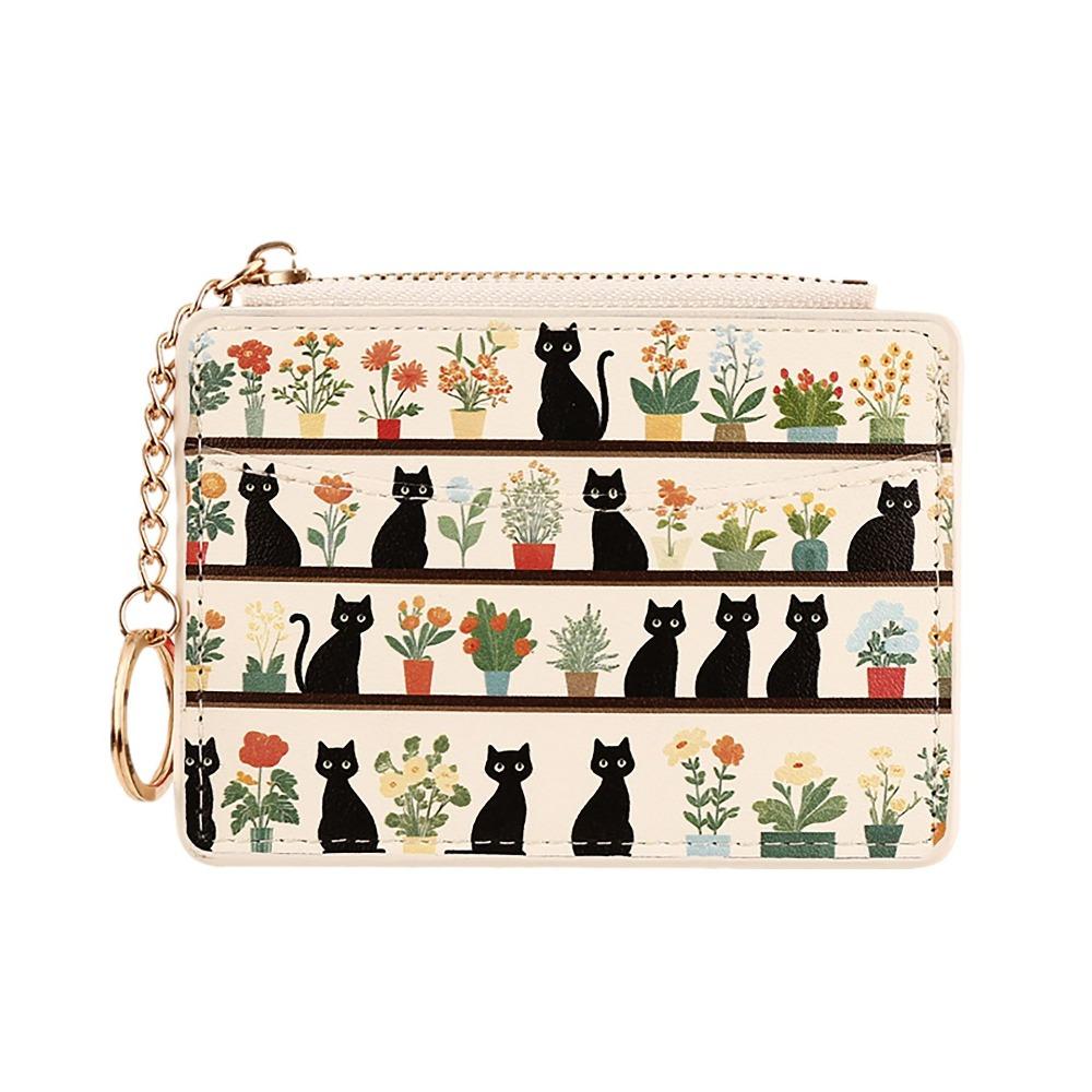 

Wear-resistant Card Holder PU Leather with Keychain Zipper Coin Purse Cat Print with Smooth Zipper Cosure Multi-Card Slot Wallet бежевый