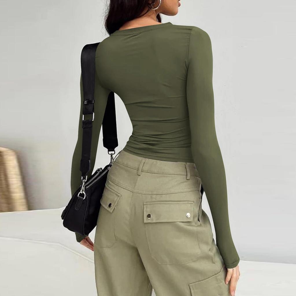 Women's Fashion Solid Colour Round Neck Long Sleeve T-Shirt Top