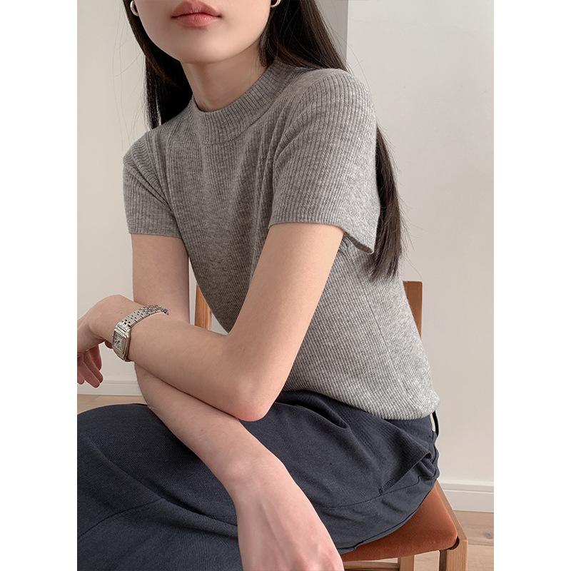 CLEAN SPACE Women's Wool Blend Knitted T-Shirt, Spring 2025 Collection, Short Sleeve, Thirteen Rows Design