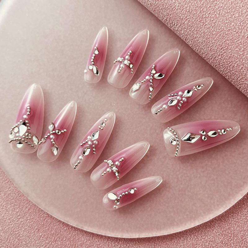 Blush Sparkle Rhinestone Nail Stickers with Steel Beads - Translucent Manicure for Spicy Girls