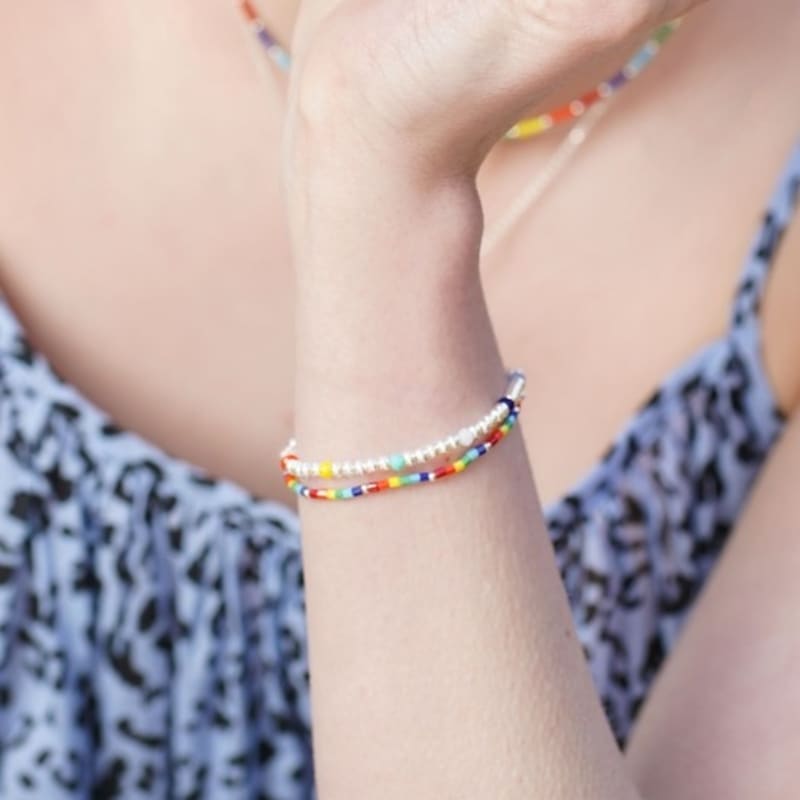 BONBEAU Simple Glass Color Mix Daily Silverball Bracelet Silver Bead Banding Silver Ball Bracelet 2mm, 3mm