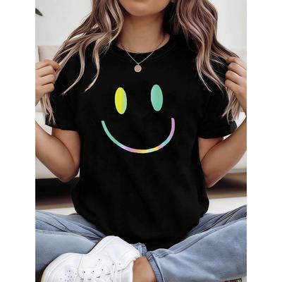 Women's Winking Smile Graphic T-Shirt Crew Neck Short Sleeve Casual Spring Summer Top