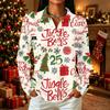 Women's Casual Christmas Print Long Sleeve Button Down Shirt with Lapel Collar and Side Slits