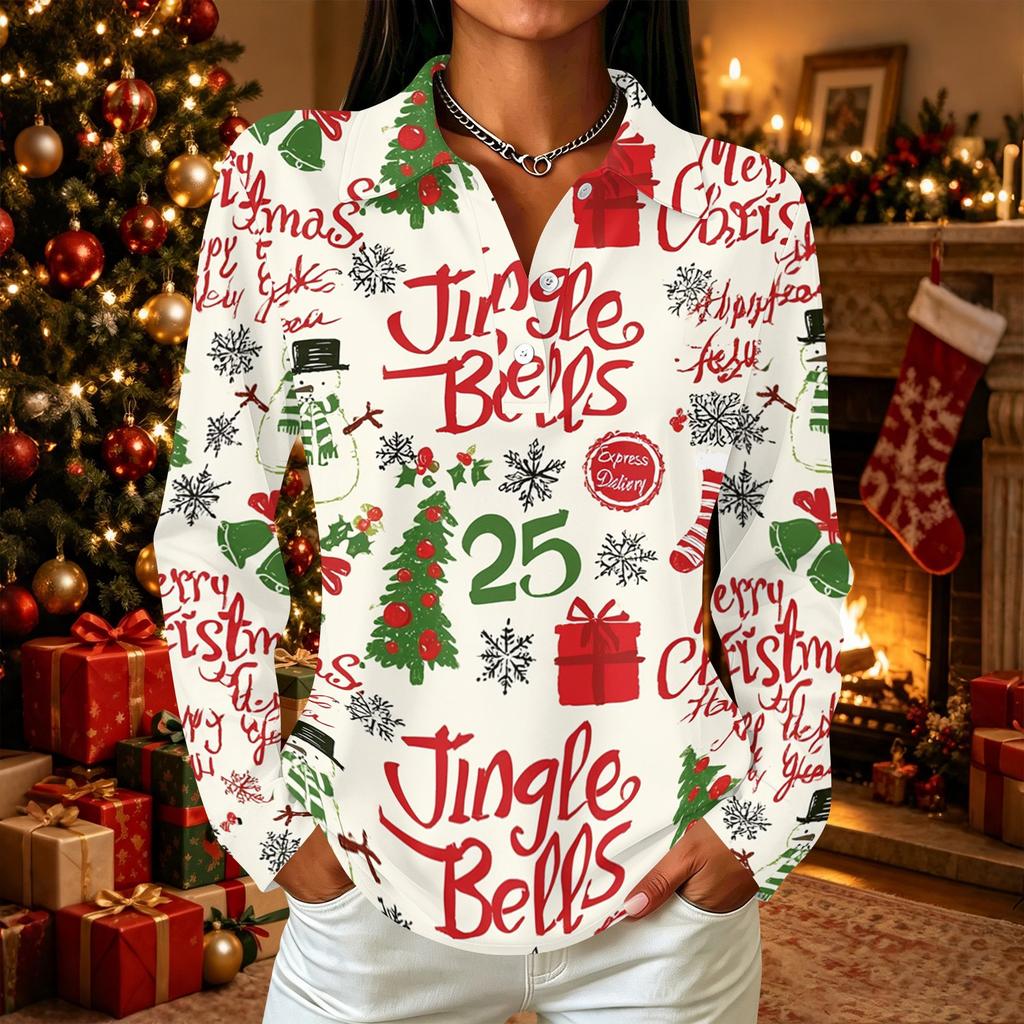 Women's Casual Christmas Print Long Sleeve Button Down Shirt with Lapel Collar and Side Slits