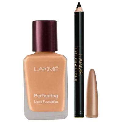 Lakmé matita per sopracciglia, nera, 1,2 g e fondotinta liquido perfezionante, conchiglia, 27 ml
