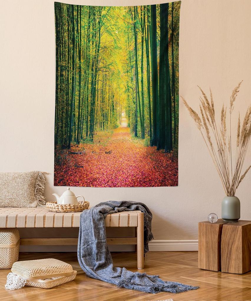 Fall Tapestry, Vibrant Misty Day in Forest Sun Rays Trees Foliage Fallen Leaves Calm View, Wide Wall Hanging for Bedroom Living