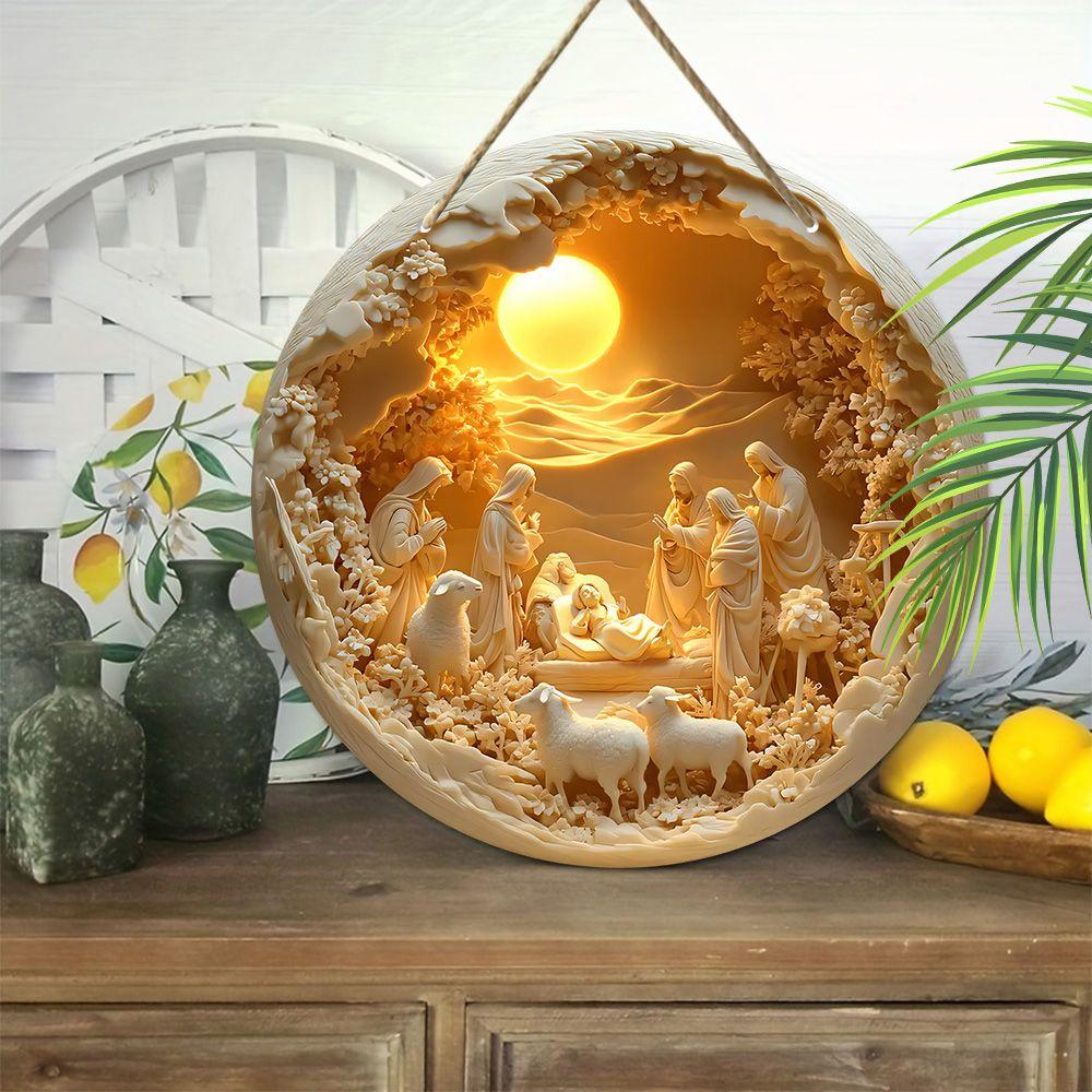 Přívěsek Svatá noc Betlémská scéna, dekorace na stěny nebo dveře domova, 2D plochý dřevěný, vánoční dekorace, dárky pro přátele a rodinu