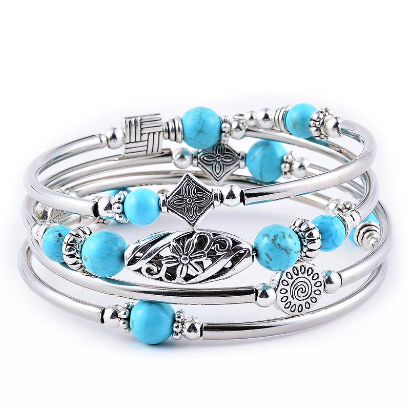 Natural Turquoise & Tiger Eye Multi-Layered Stone Wrap Bracelet