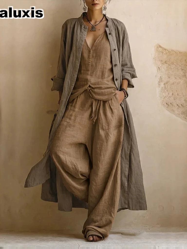 Summer Solid Wide Leg Pants Set Women Cotton Linen Fashion 3 Piece Outfit