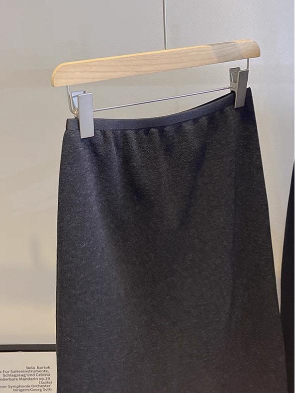 High-End Wool Blend Korean Style A-Line Back Slit Midi Skirt for Women