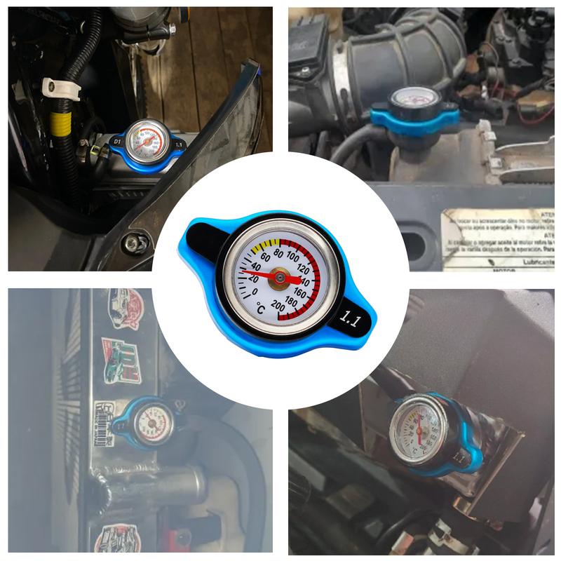 OEMASSIVE Racing Engine Radiator High Pressure Cap 1.1 Bar Small Head With Water Temp Gauge Blue Tank Cover Replacement Car Hot