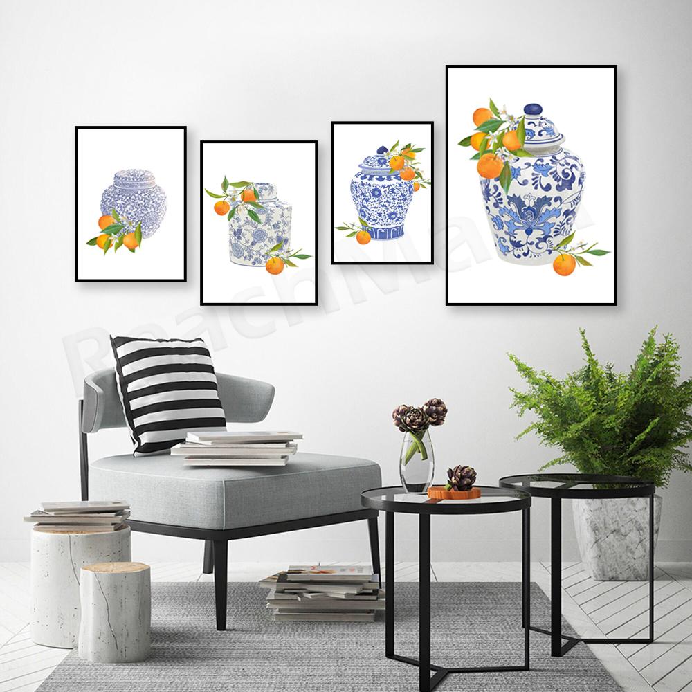 Ginger Jar Art Orange Wall Art Poster, Blue Chinoiserie Vase, Academic Wall Art, Traditional Asian Vase Print, Ginger Jar Print