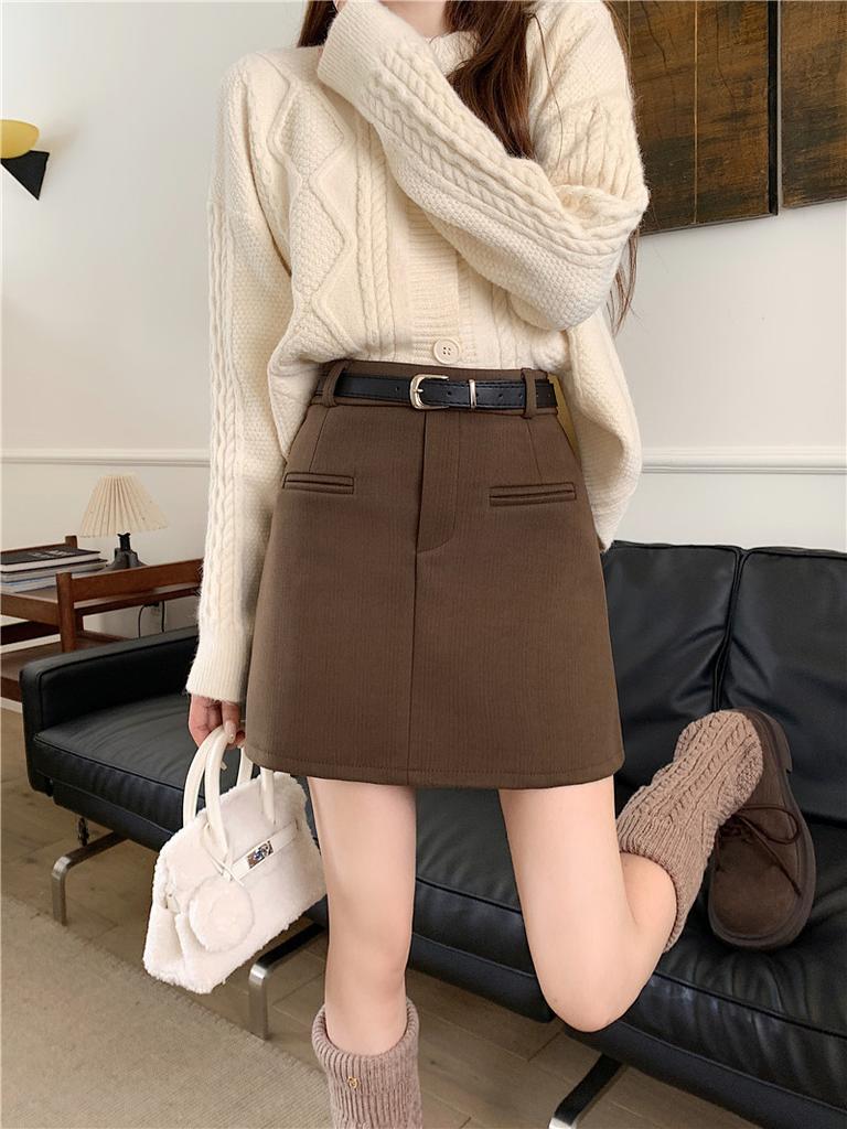 Retro Woolen Skirt Women's Autumn and Winter High Waist Temperament Skirt Short Skirt