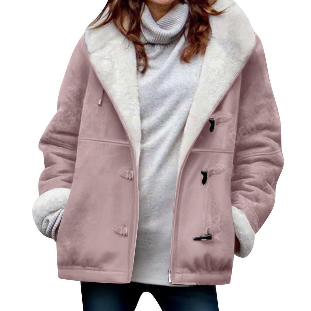 New Women's Casual Loose Solid Color Fleece Thickened Warm Coat For Fall Winter, European & American Style Crossborder Outerwear