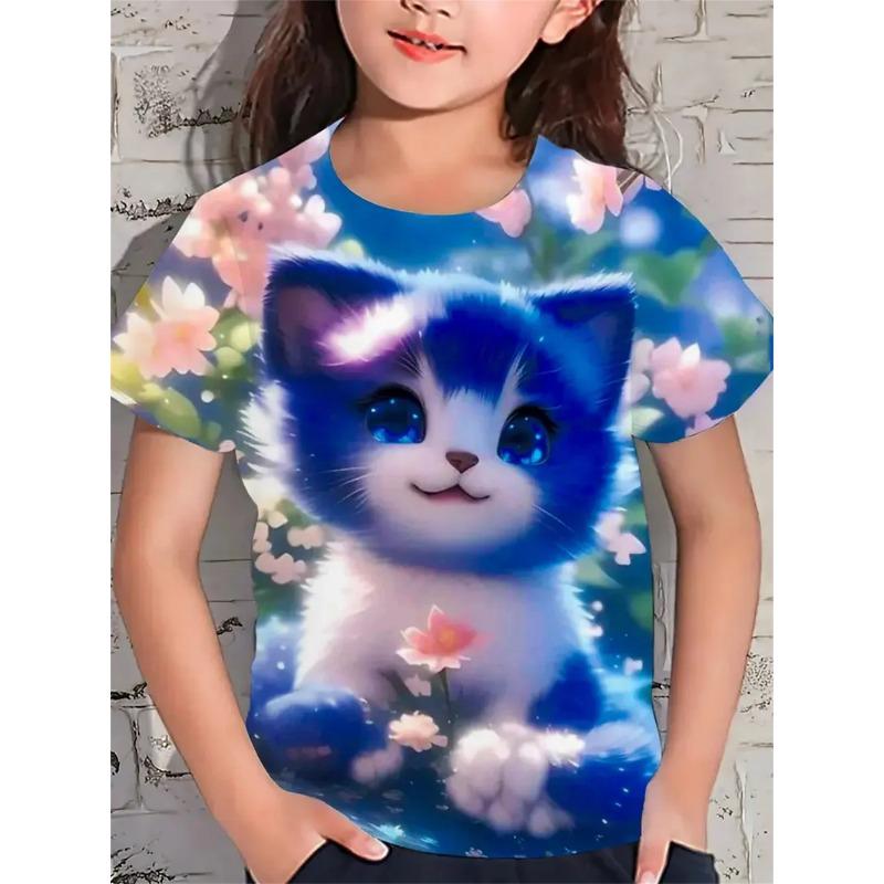 Fun Girl T-shirt Summer Short Sleeved Top Cartoon Animal Cat 3D Printing 2025 Girl Clothing