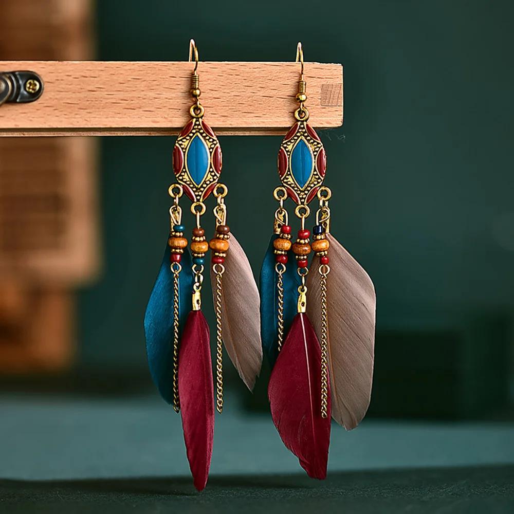 Bohemian Ethnic Feather Earrings For Women Long Tassel Beads Handmade Drop Dangle Earrings Girl Fashion Wedding Jewelry Gift