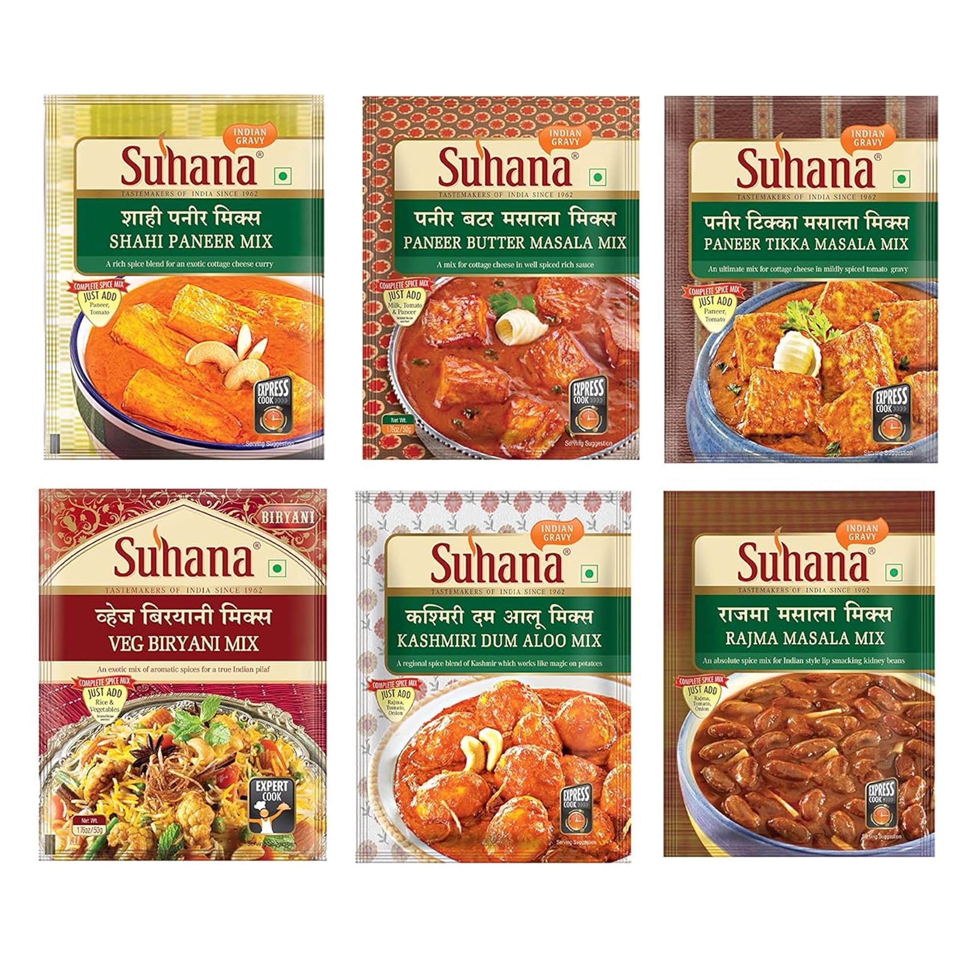 Suhana Veg Spice Mix Combo Pack Paneer Butter Biryani Rajma Shahi Paneer Masala Seasoning 50 g x 6