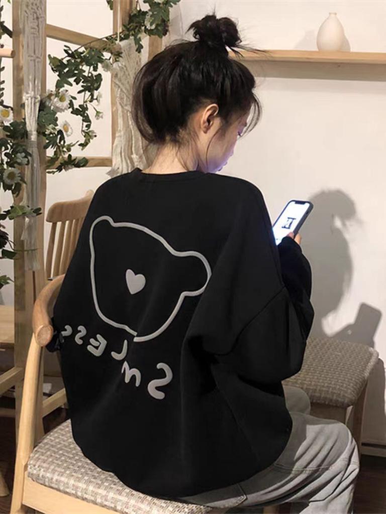 Plus Size Women Autumn Long Sleeve Hoodie Korean Style Oversized Loose Casual Cute Bear Sweatshirt Crew Neck Tops