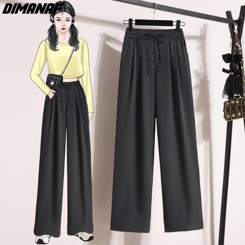 DIMANAF 2025 Übergröße Sommer Lange Hosen Damen Elastischer Bund Locker Lässig Uni Weitbein Hosen Schwarz Grau