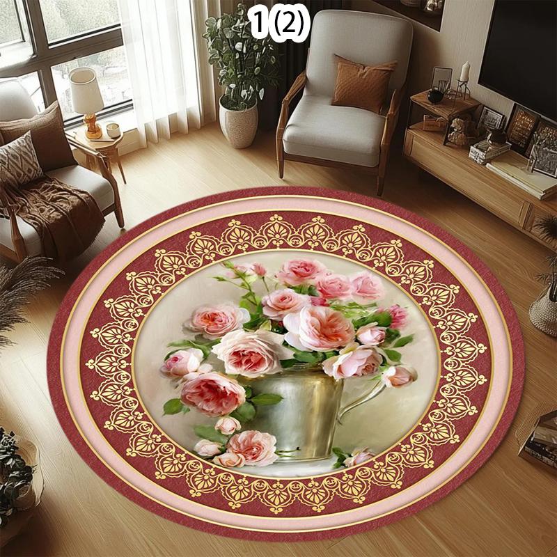 Vintage Floral Circular Area Rug Carpet Mat Rug Home Decoration Rose Hummingbird Pattern Non Slip Floor Rug for Living Room