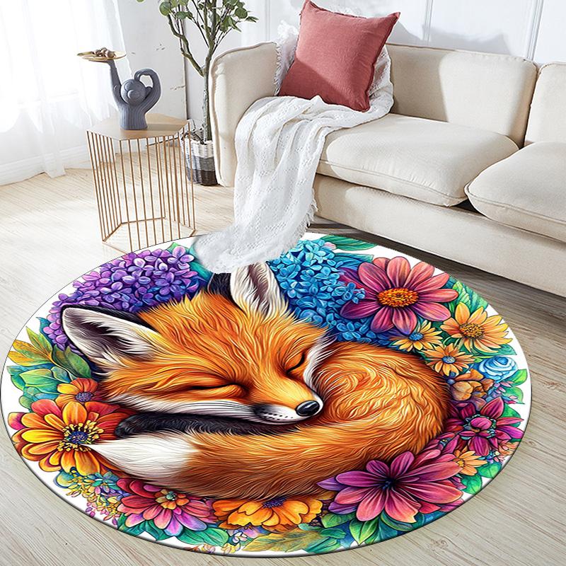 Sleeping Fox Round Area Rug,Carpet Rug for Living Room Bedroom Sofa Playroom Decor,Non-slip Floor Mat