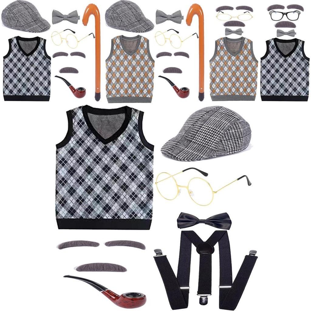 Halloween Costume Set For Kids Featuring Short Black Wig And Grandpa Beard Accessories