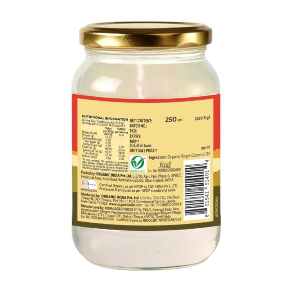 Organic India Virgin Coconut Oil 250ml Pack of 1 Cold-Pressed High-Quality Cooking and Skincare Oil