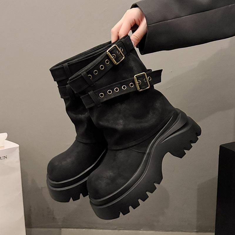 Maillard mid-tube cowboy knight boots women's 2025 autumn new small thick-soled heightened trousers Martin boots