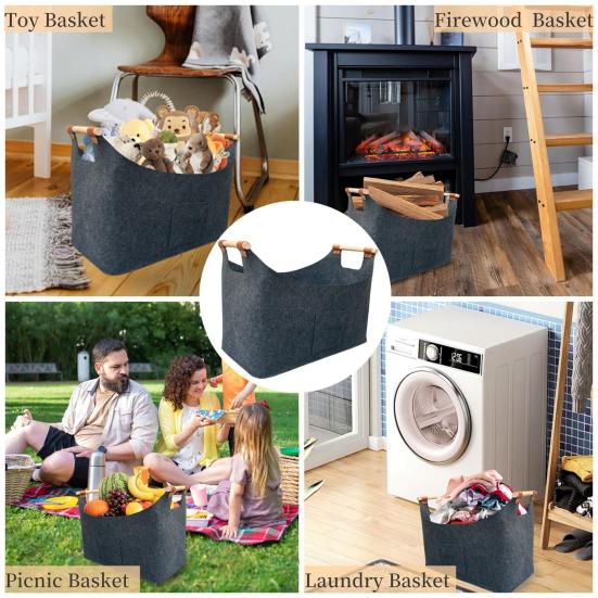 Firewood Bag with Wooden Handles Large Capacity Water Resistant Foldable Design Firewood Holder Portable Log Carrier Tote Bag