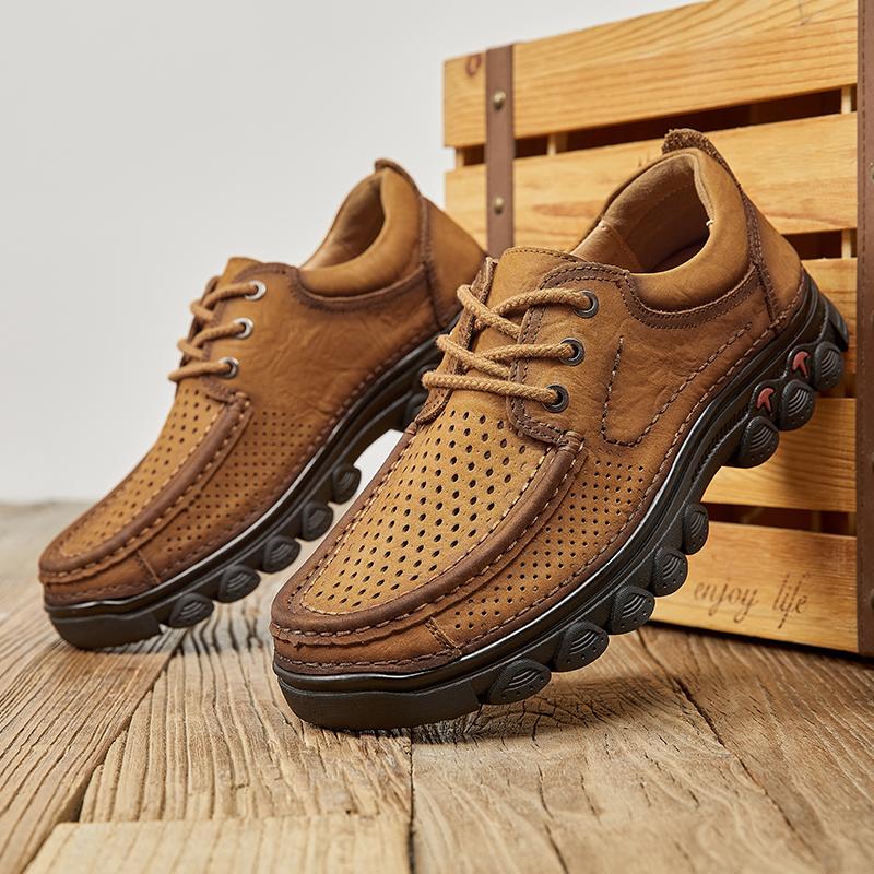 Fashion Summer Outdoor Oxford Shoe Quality Men Classic Thick Soled Male Sneakers Shoes Punching Genuine Leather Comfortable Casual Shoes