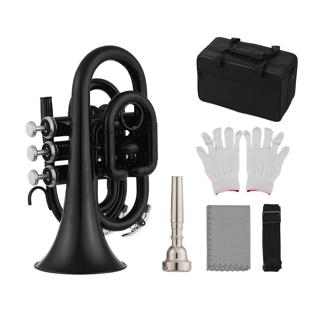 Mini Pocket Trumpet Bb Flat Brass Material Wind Instrument with Mouthpiece Gloves Cleaning Cloth Carrying Case