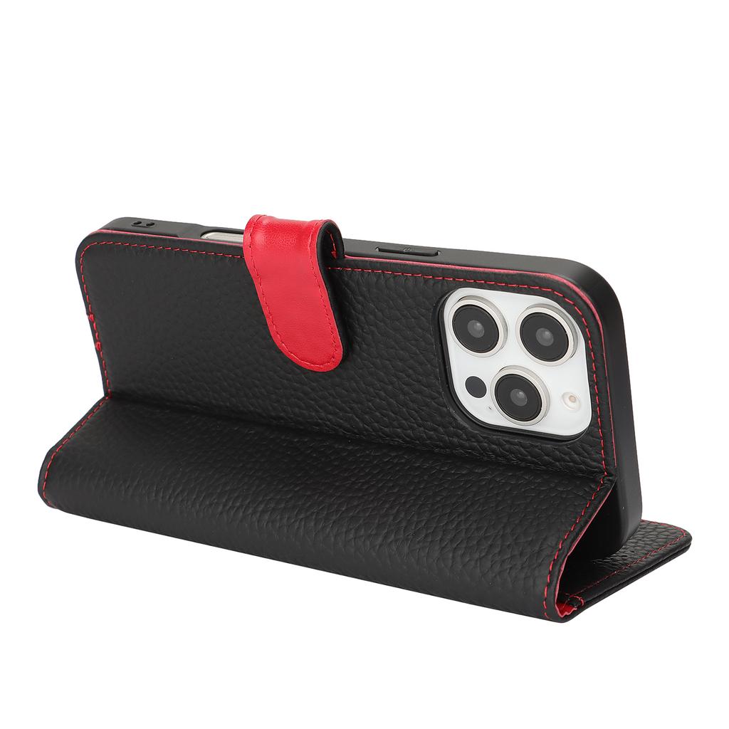 For iPhone 16 Pro Stand Case Litchi Texture Genuine Cow Leather Wallet Phone Cover RFID Blocking